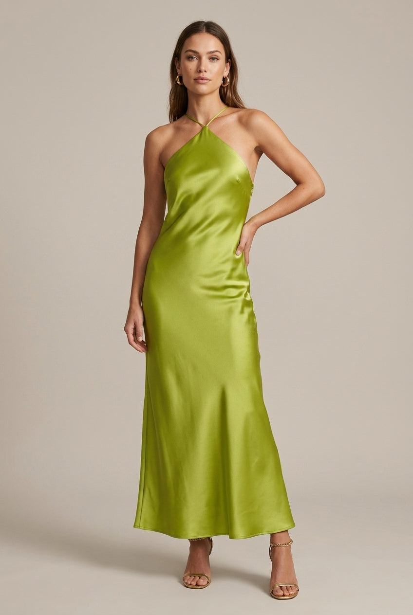Women's Satin Halter Neck Backless Slip Maxi Dress