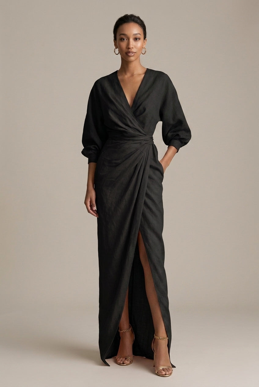 Women's Elegant Wrap Maxi Dress - Balloon Long Sleeves