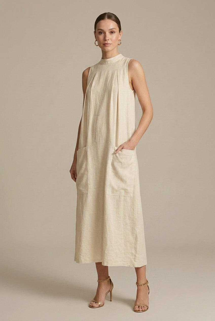 Women's Linen Maxi Dress Sleeveless Stand Collar