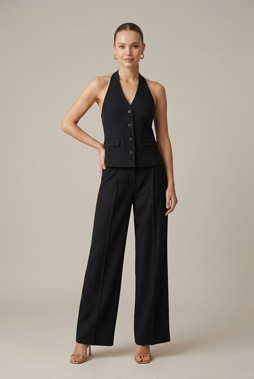 Women's Sleeveless V-Neck Vest Top - Wide Leg Pants Two Piece Set