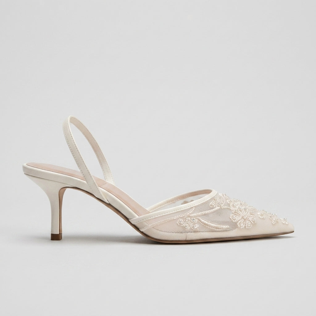 Women's Embroidered Floral Mesh Pointed Toe Slingback Heels