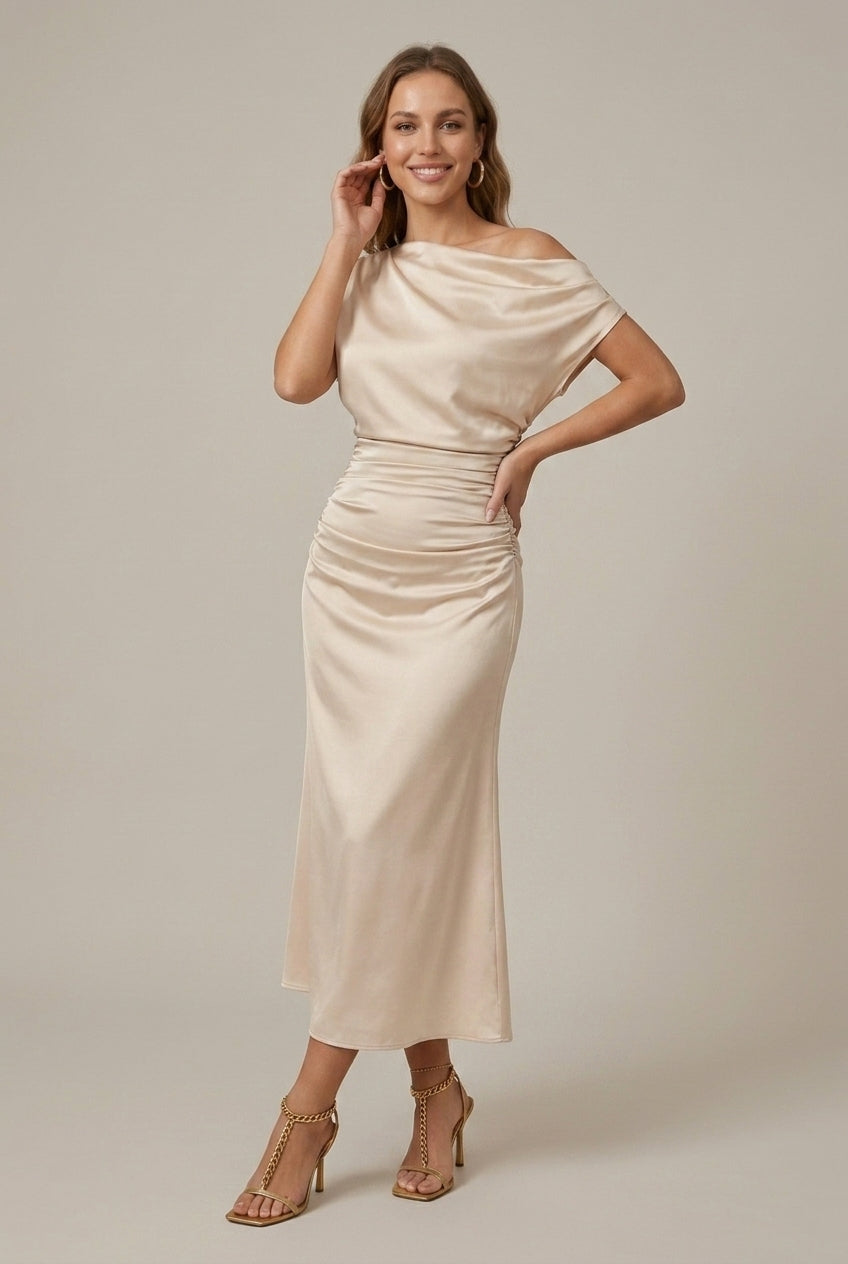 Women's Off Shoulder Asymmetrical Sleeve Side Split Midi Dress