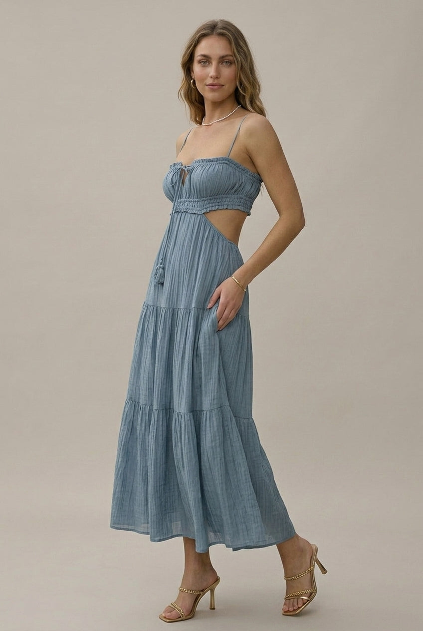 Women's Spaghetti Strap Cutout Tiered Maxi Dress - Tassel Tie