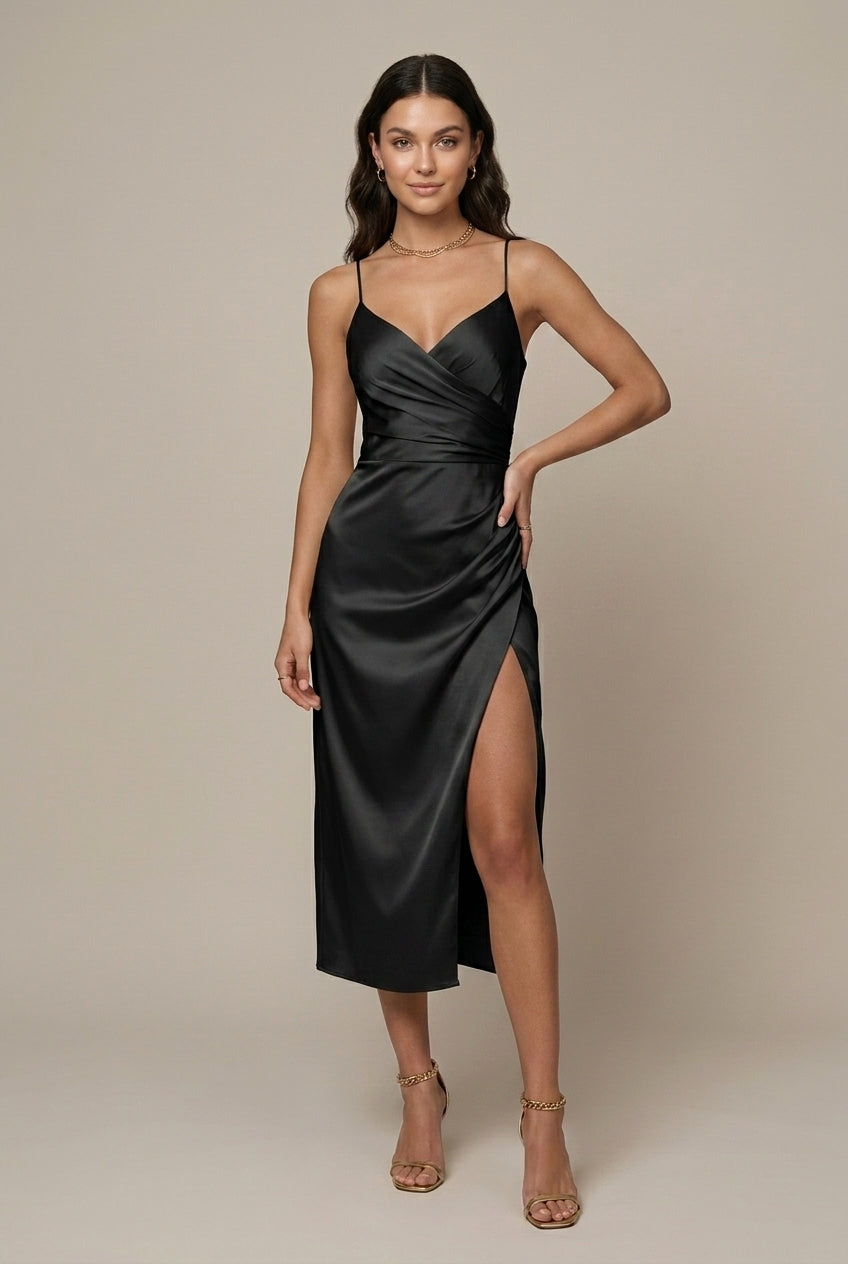 Women's Satin Wrap Midi Dress Spaghetti Strap