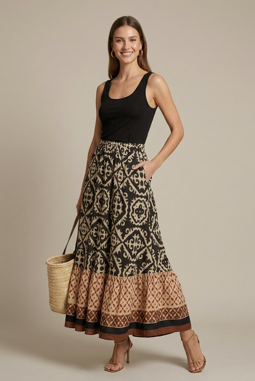 Women's Printed Tiered Maxi Skirt with Elasticated Waist