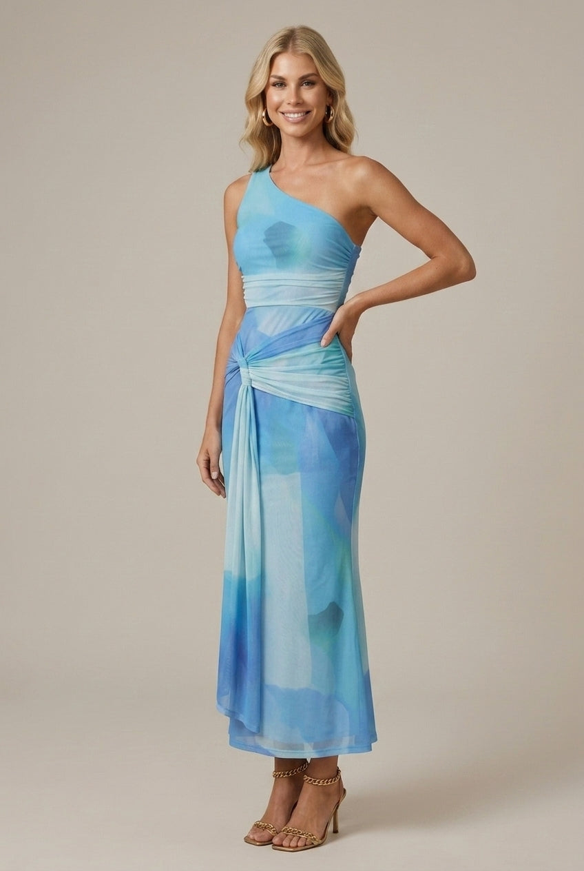 one shoulder side tie dress Women's One Shoulder Cutout Waist Side Tie Maxi Dress, Light Blue / L