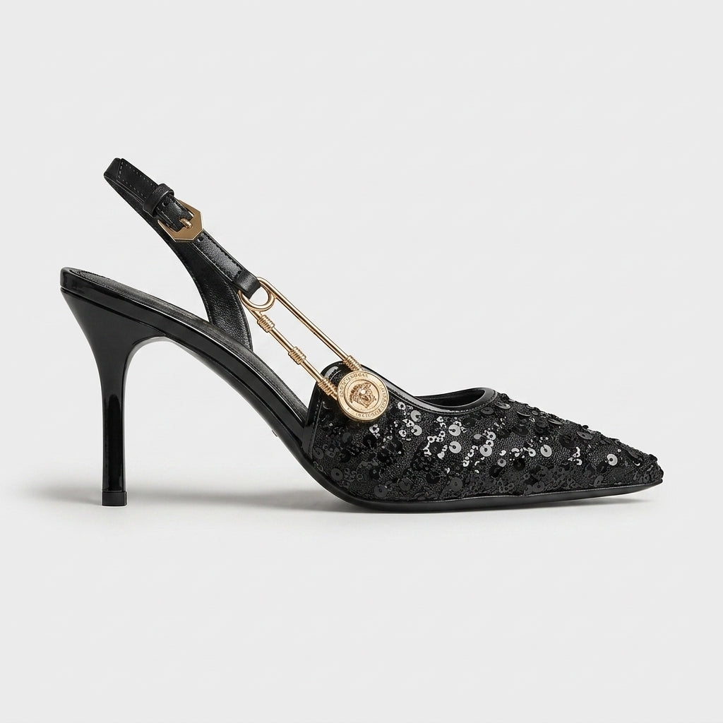 Women's Stiletto Heels - Pointed Toe - Sequin Upper - Slingback Buckle Strap