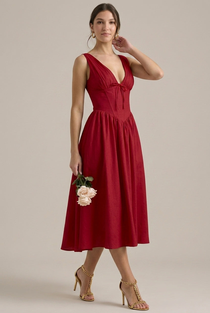Women's Sleeveless V-Neck Floral Midi Dress with Tie Straps