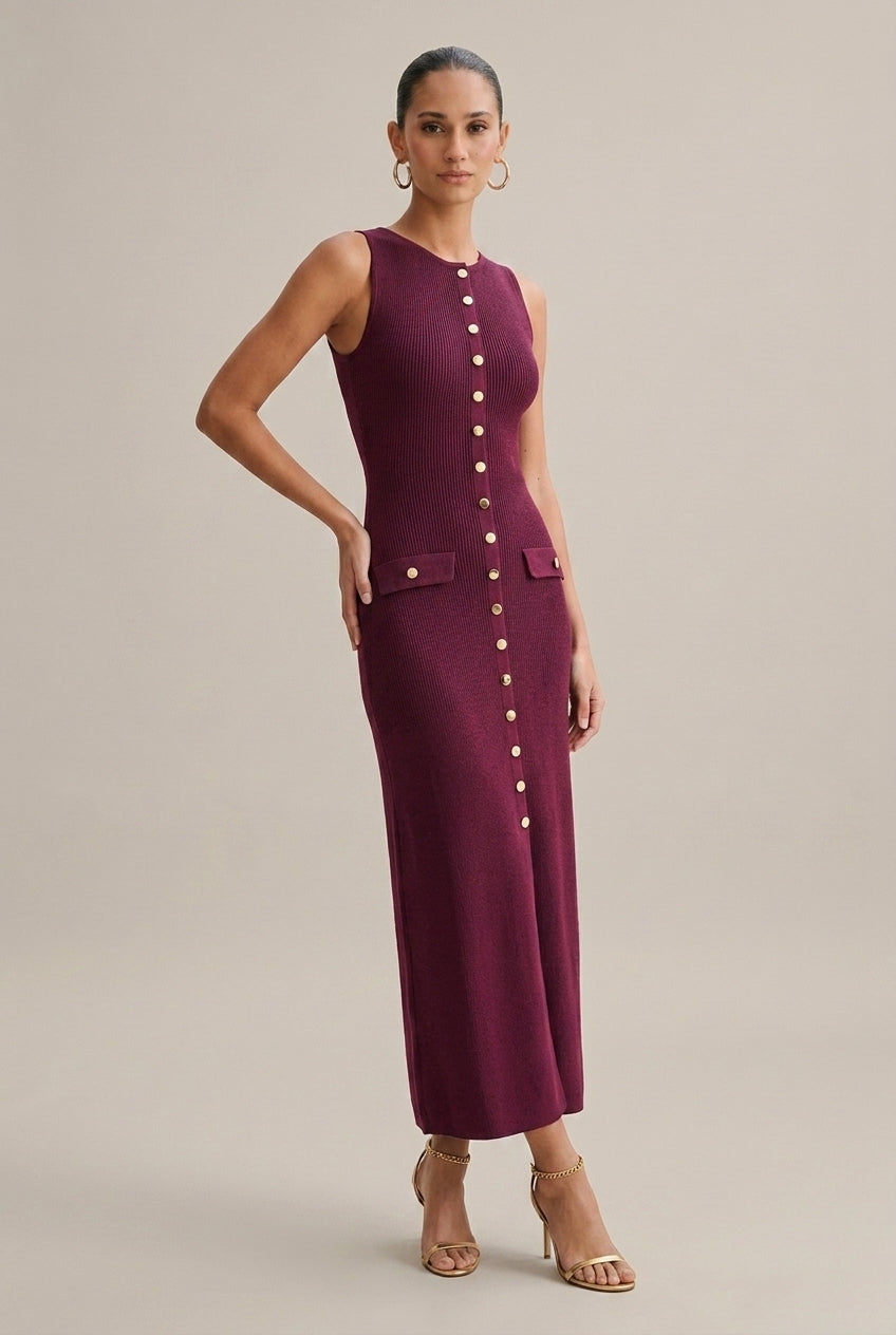 Women's Knit Maxi Dress Sleeveless Front Button Detail