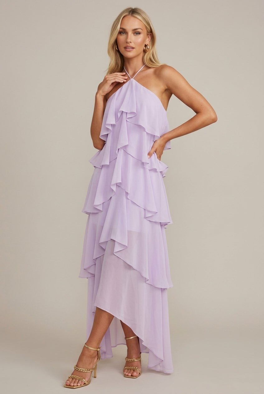 Women's Floral Halter Ruffled Tiered Maxi Dress