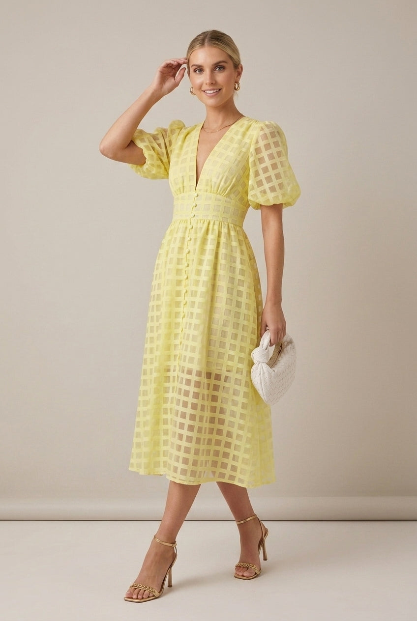 Women's Checkered Puff Sleeve V-Neck Midi Dress