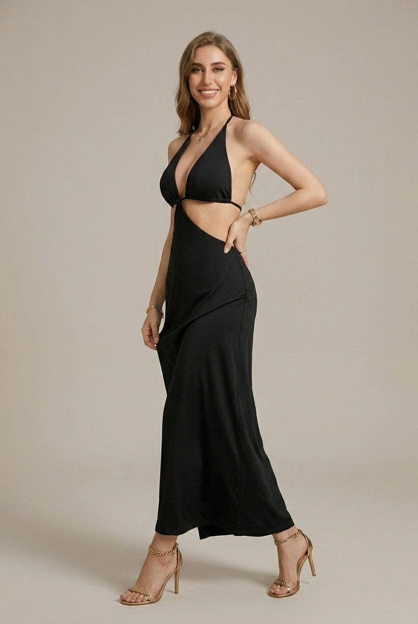 Women's Halter Neck Cut Out Maxi Dress - Sleeveless Floor Length