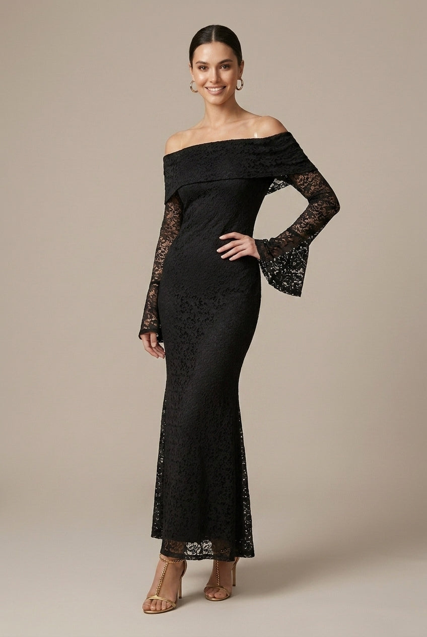 Women's Wedding Guest Lace Maxi Dress - Off Shoulder - Bell Sleeve