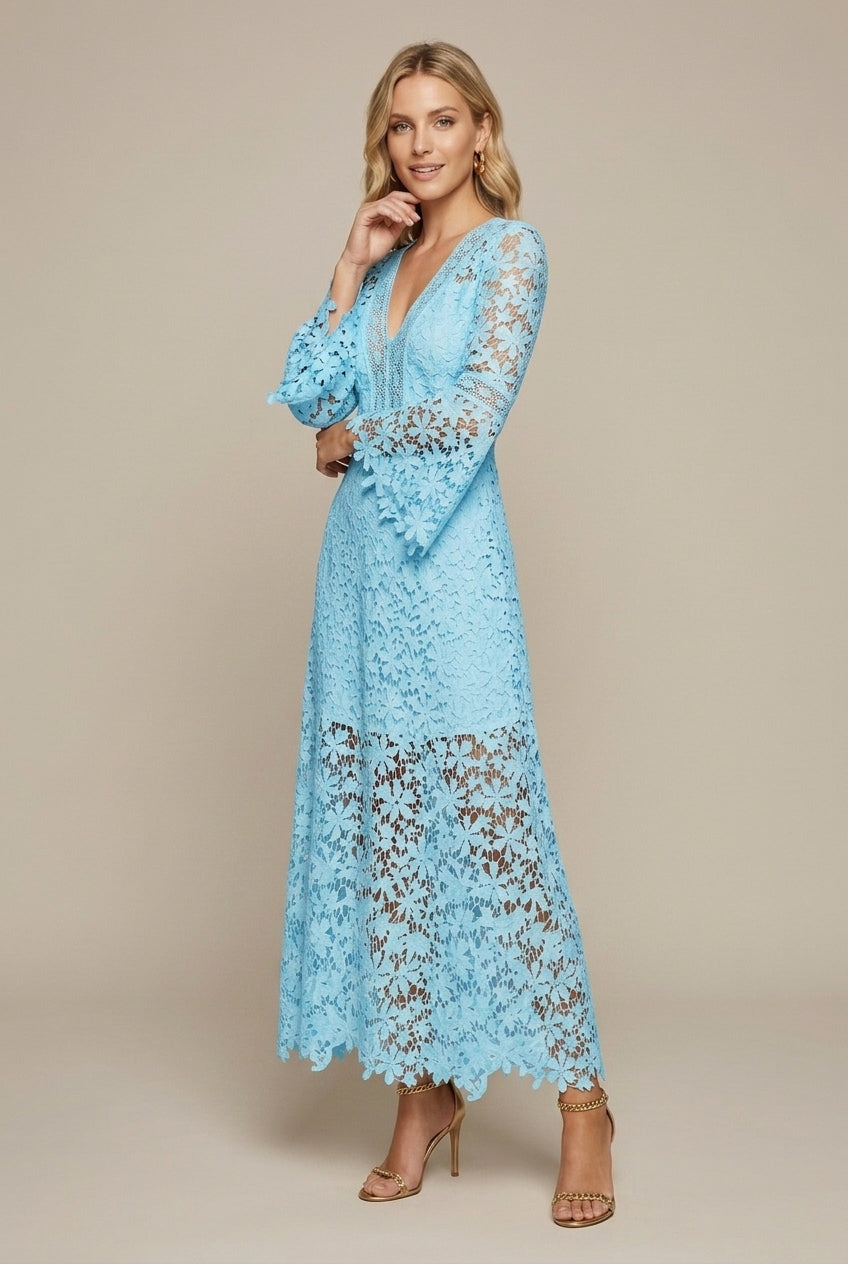 Women's Wedding Guest Lace Long Sleeve V-Neck Maxi Dress with Flared Hem