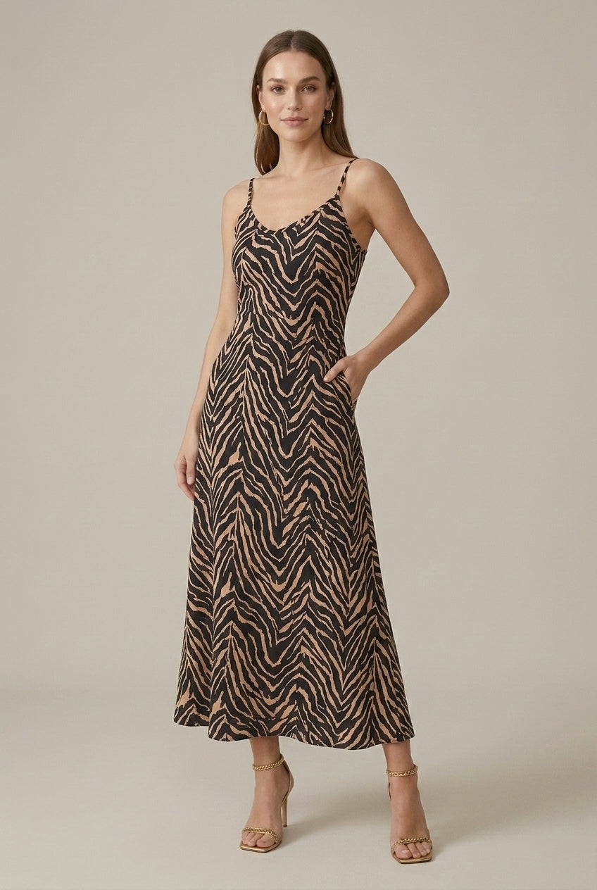 Women's Zebra Stripe Print Sleeveless Round Neck Maxi Dress