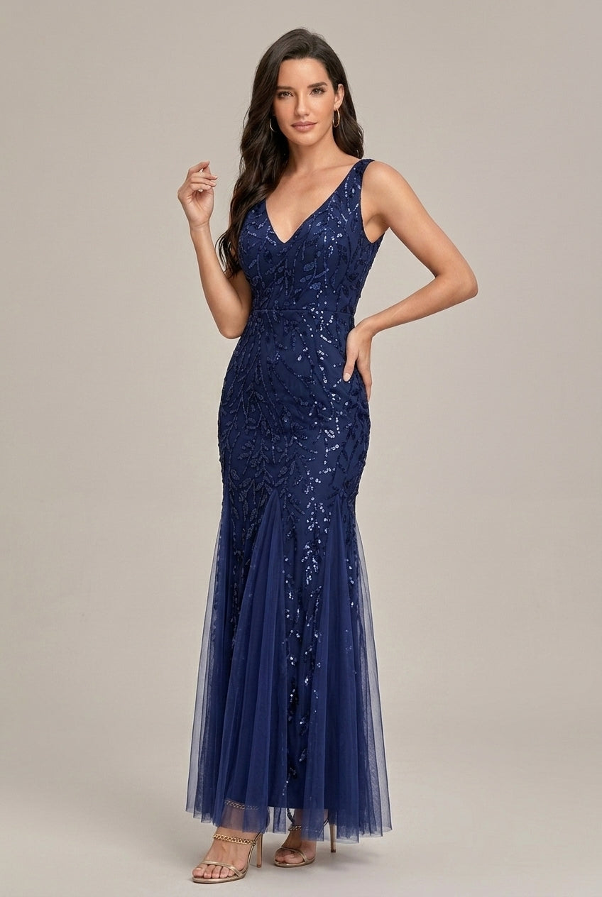 Women's Embroidered Mermaid Formal Maxi Dress - Long Sleeve Mesh