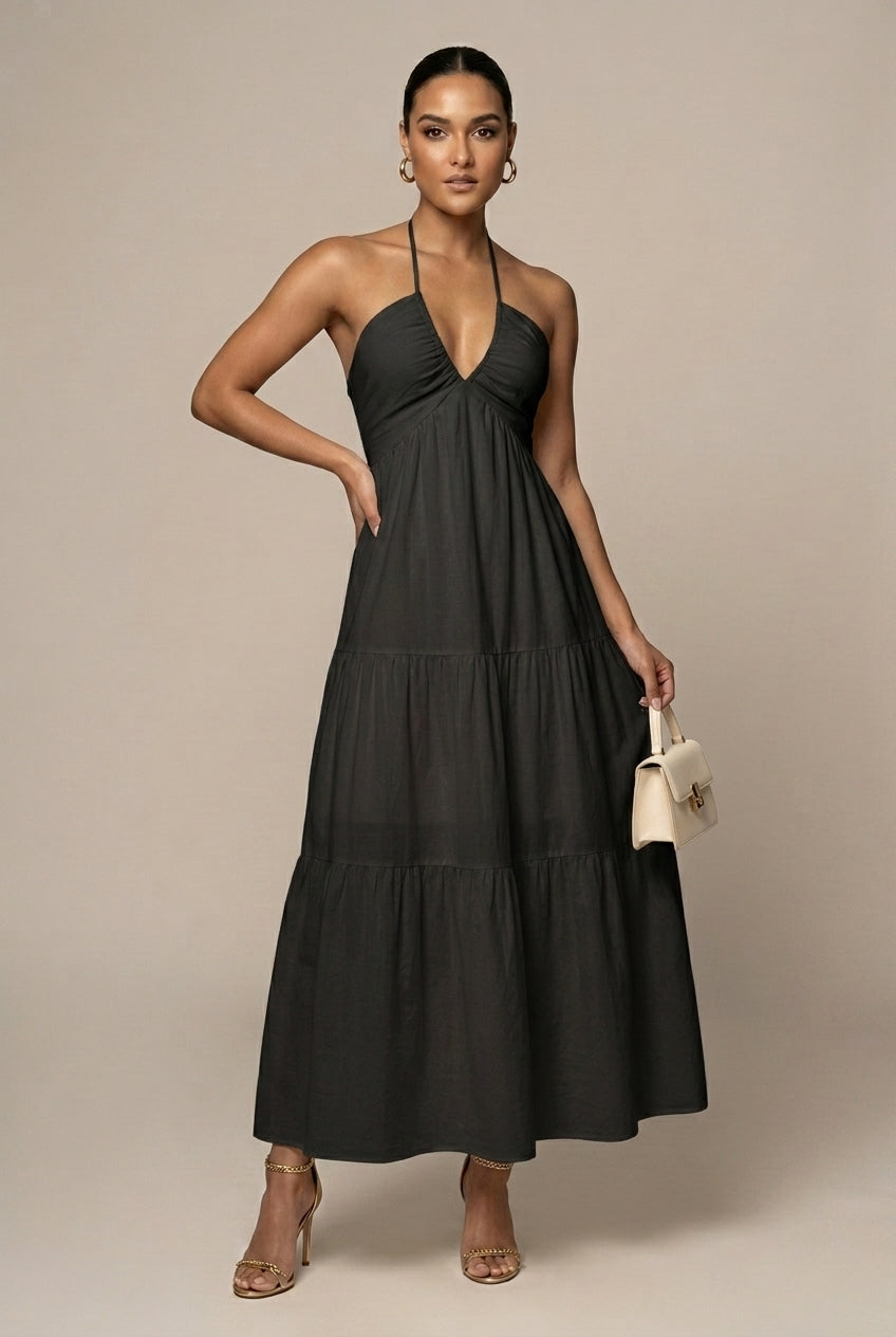 Women's Halter Neck Maxi Dress - Flowy Tiered Skirt with Bow Back