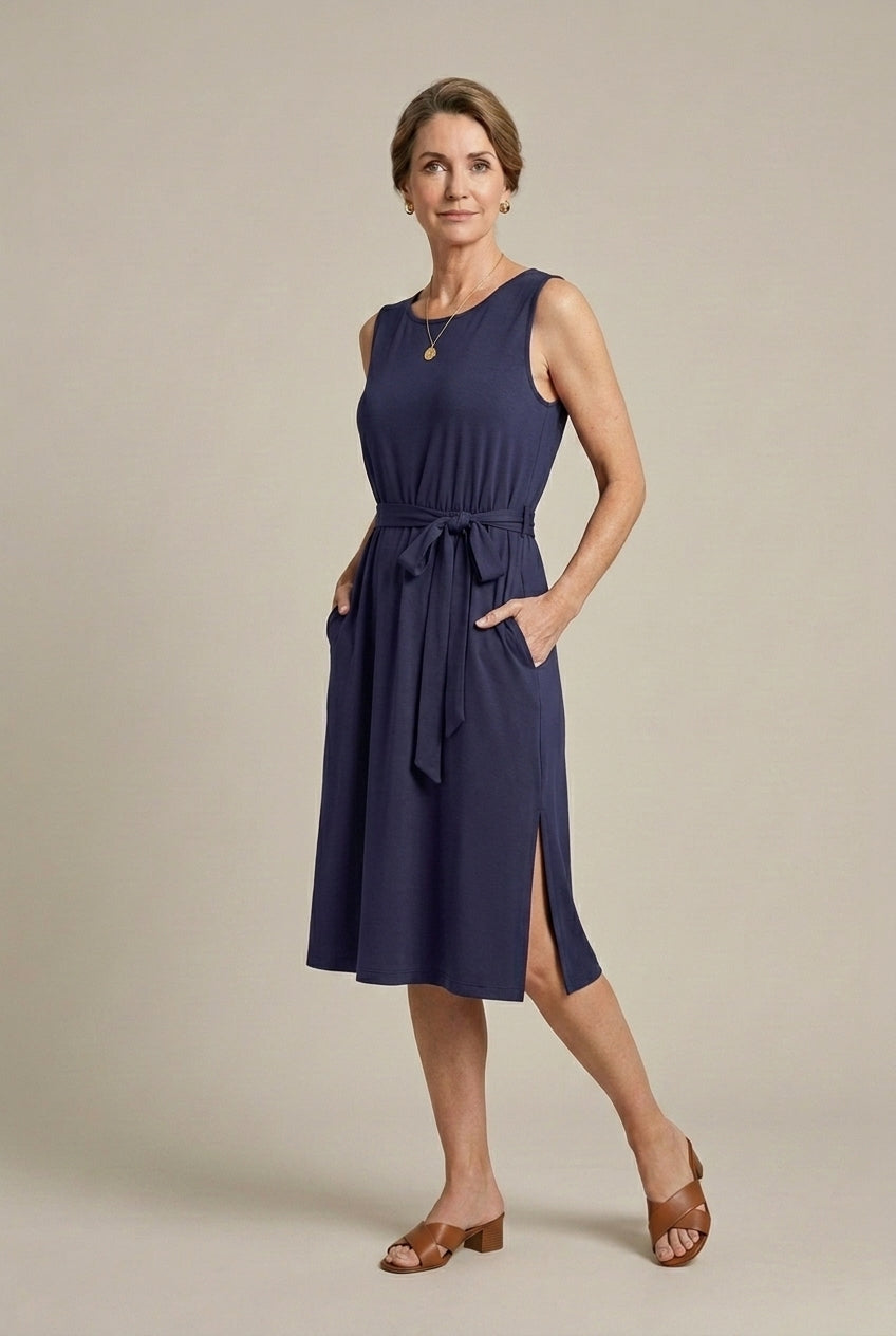 Women's Sleeveless Belted Midi Dress with Side Slit - Summer Dress