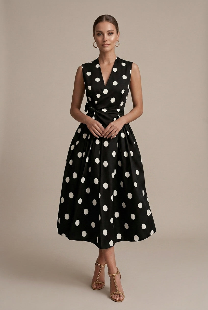 Women's Polka Dot V-Neck Sleeveless Midi Dress - Bow Waist Detail