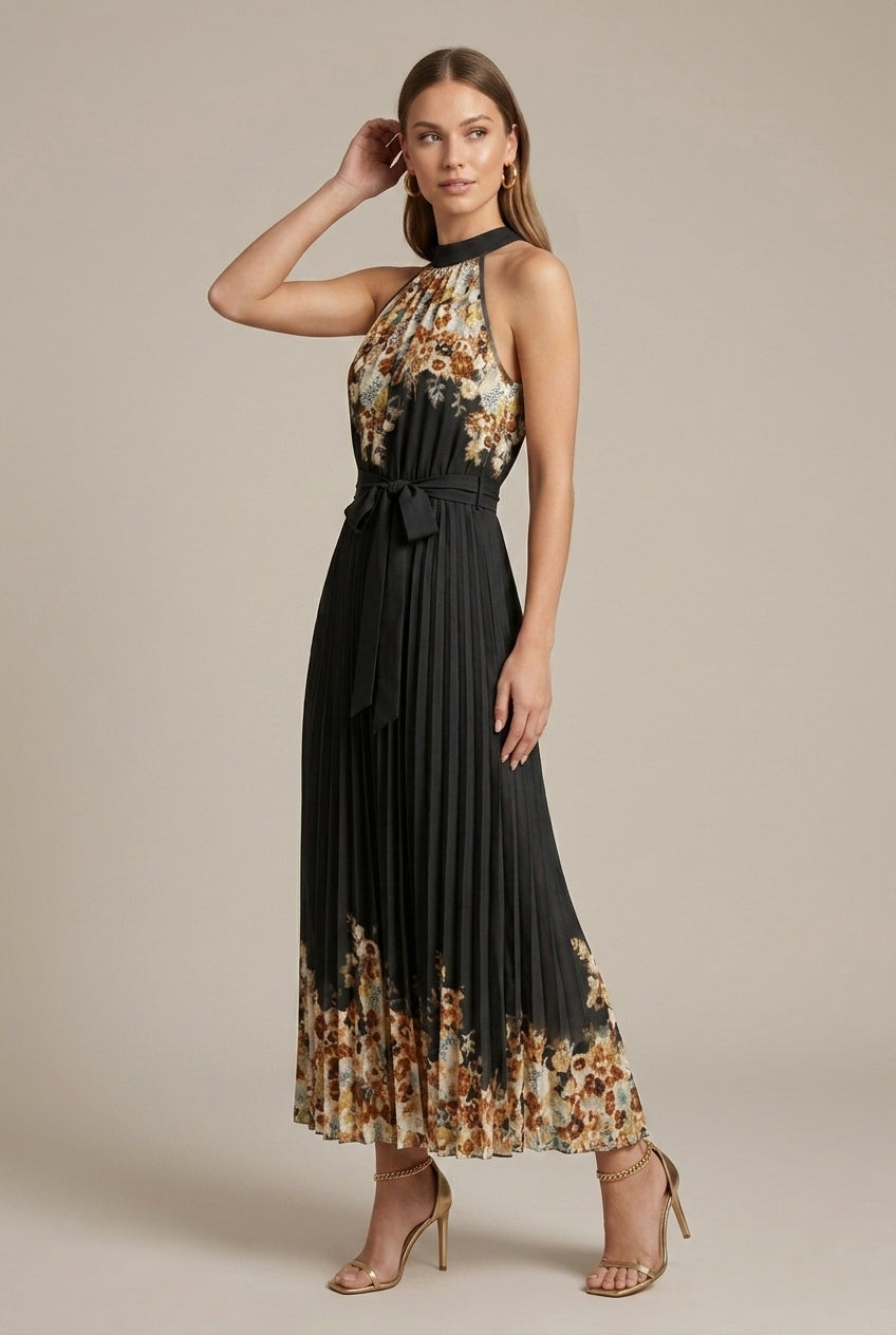 Women's Floral Print Pleated Maxi Dress - Sleeveless Tie Waist