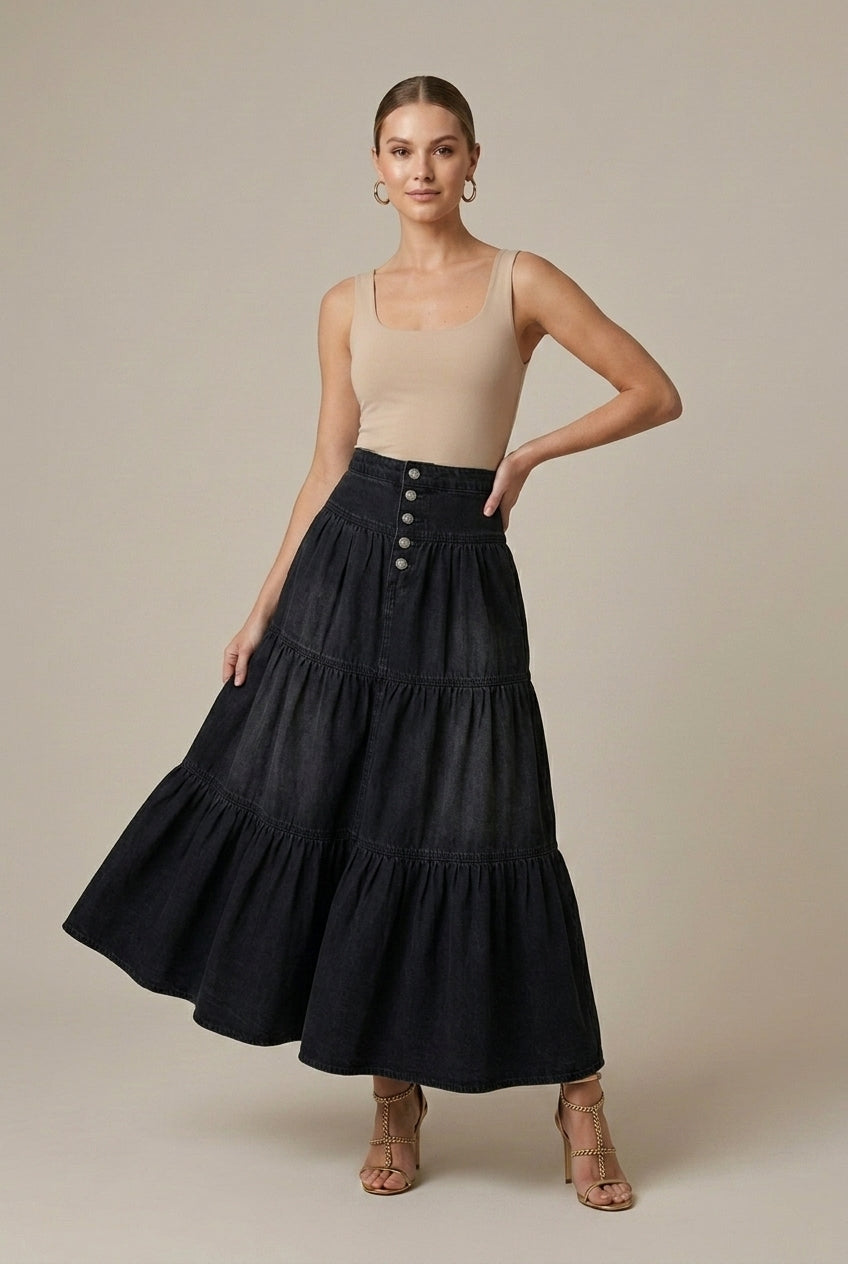 Women's Denim Maxi Skirt Tiered Button-Front