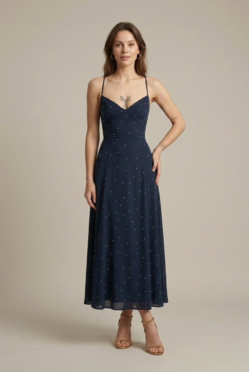 Women's Polka Dot V-Neck Smocked Back Maxi Slip Dress