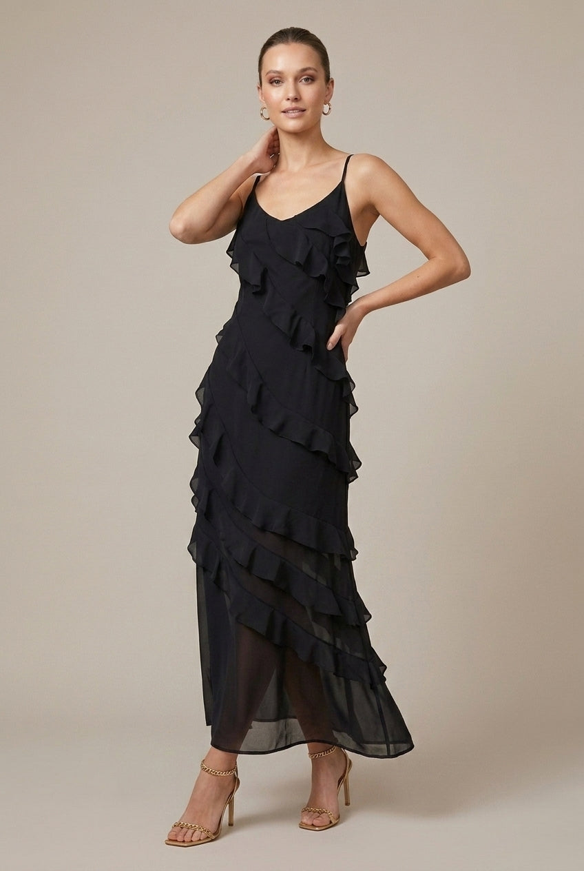 Women's Ruffle Detail Spaghetti Strap V-Neck Maxi Dress