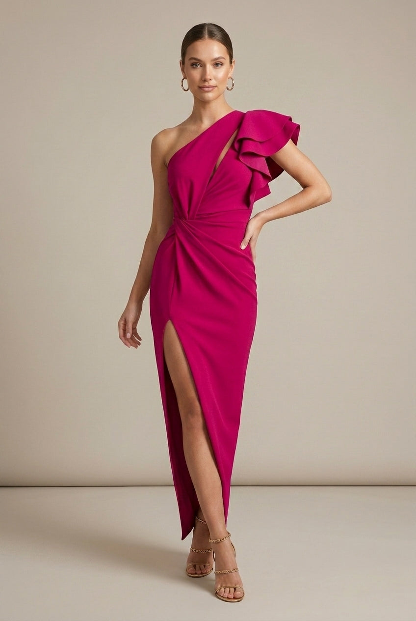 Women's One Shoulder Ruffle Sleeve Side Slit Midi Dress