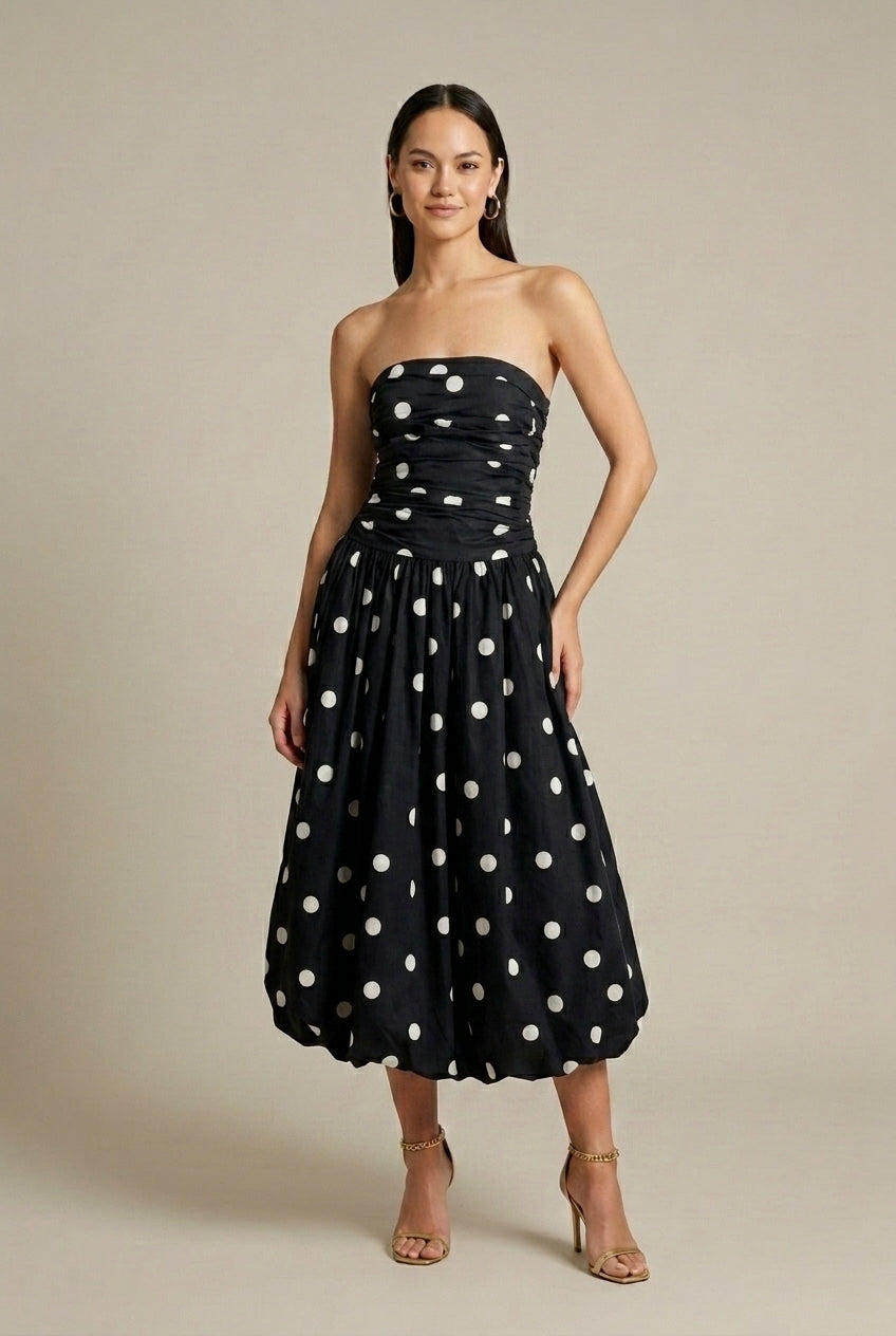 Women's Polka Dot Strapless Ruched Bubble Hem Midi Dress