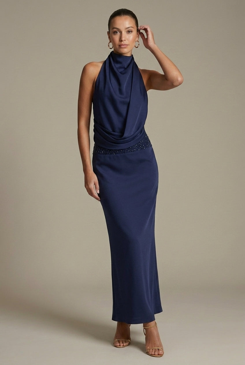Women's Halter Neck Draped Satin Maxi Dress - Sleeveless Open Back