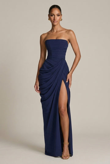 Women's Strapless Ruched Side Slit Maxi Dress