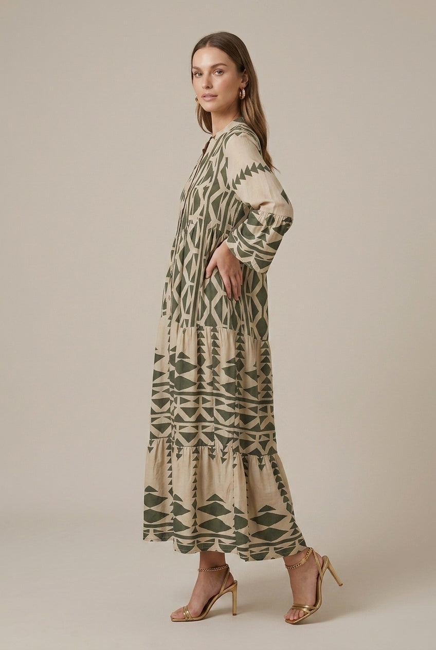 Women's Geometric Print Maxi Dress Tiered V-Neck