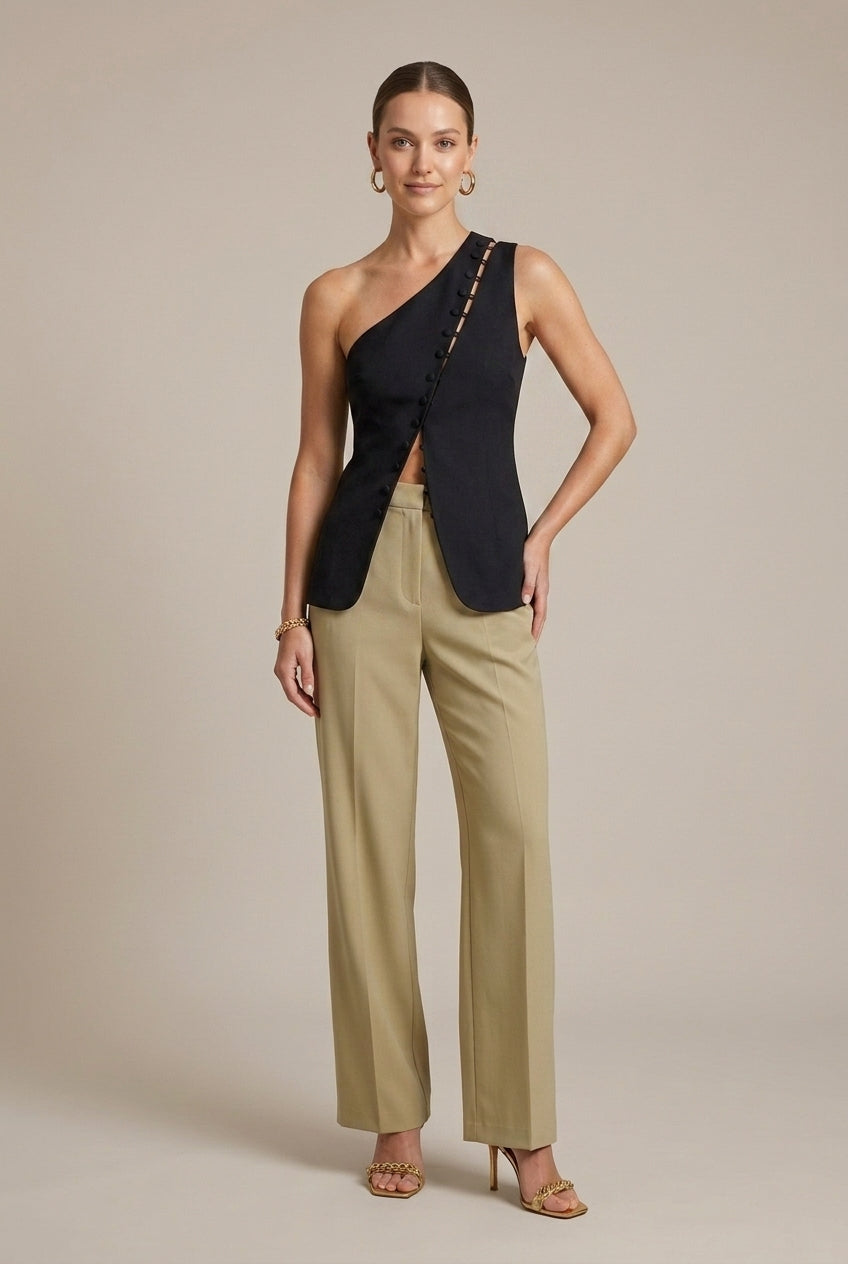 Women's One Shoulder Button Detail Asymmetrical Wrap Top