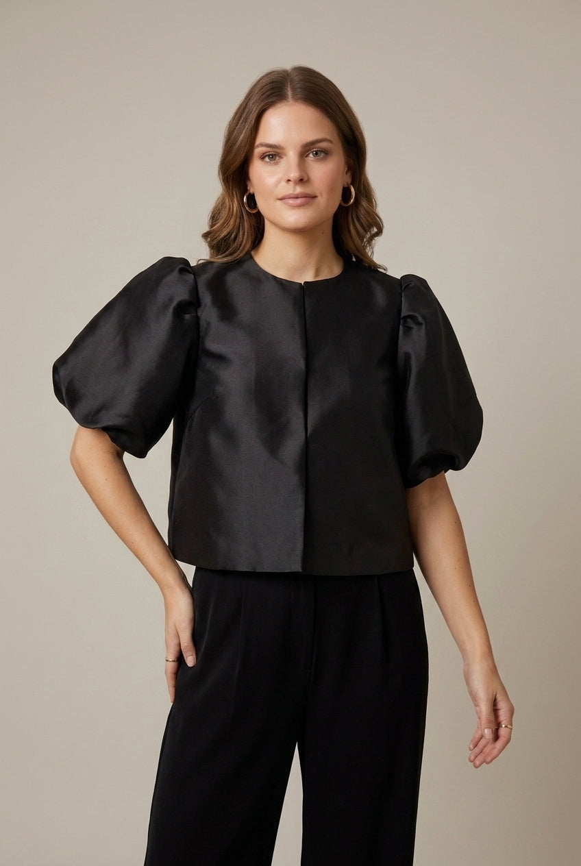 Women's Satin Puff Sleeve Cropped Blazer - Button Front Jacket