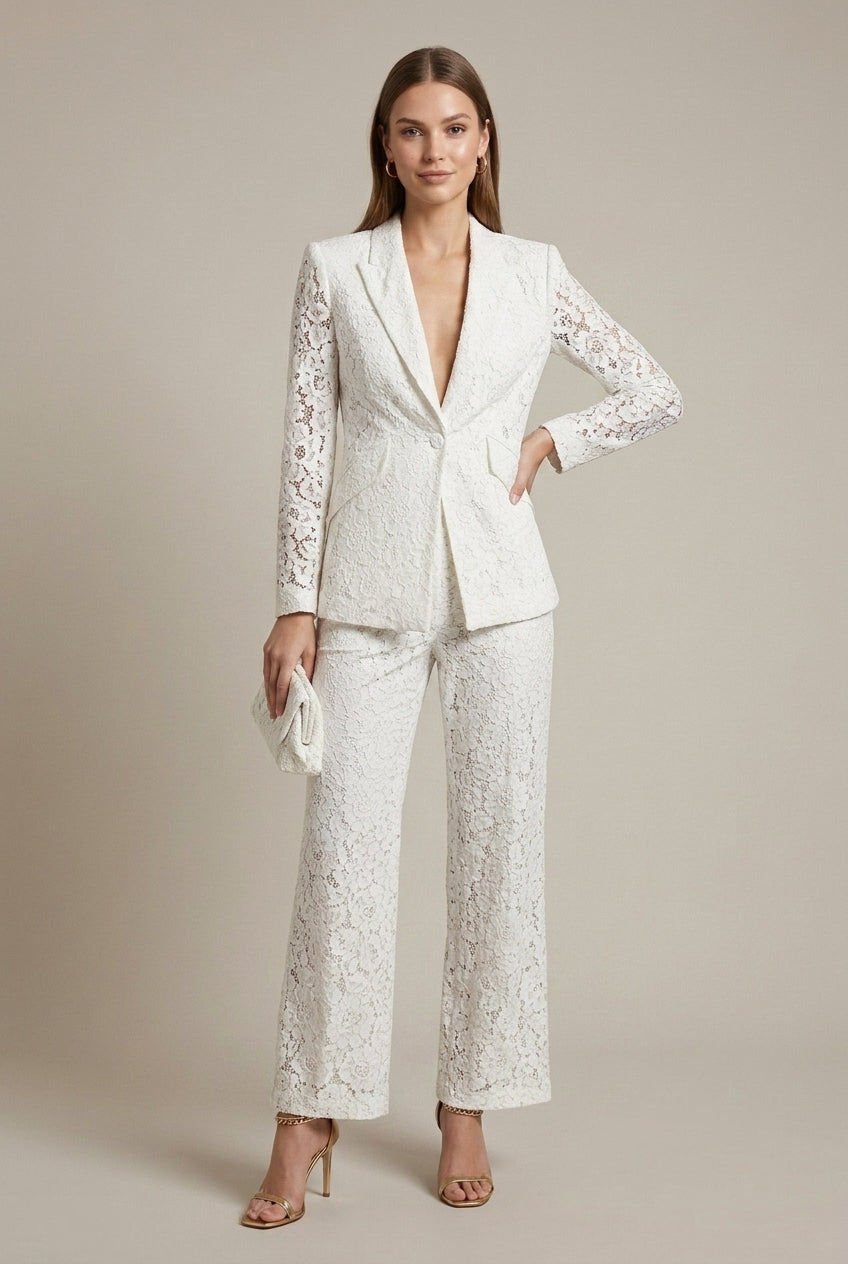 Women's Lace Long Sleeve Blazer Wide Leg Pant Suits for Women