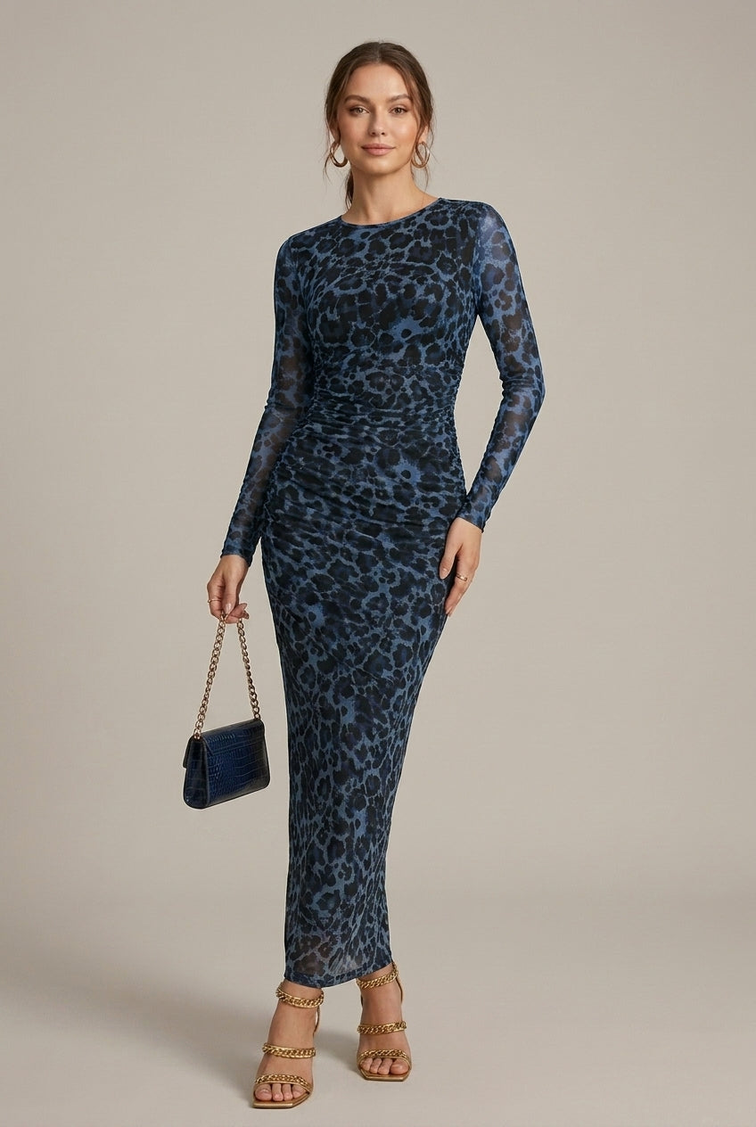 Women's Leopard Print Long Sleeve Ruched Bodycon Maxi Dress