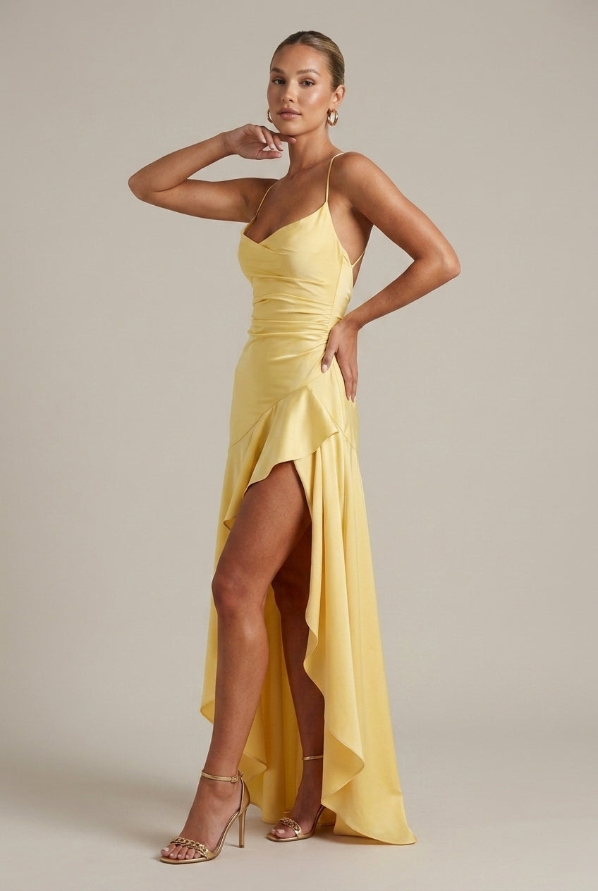 Women's Satin Maxi Dress Cowl Neck High Slit