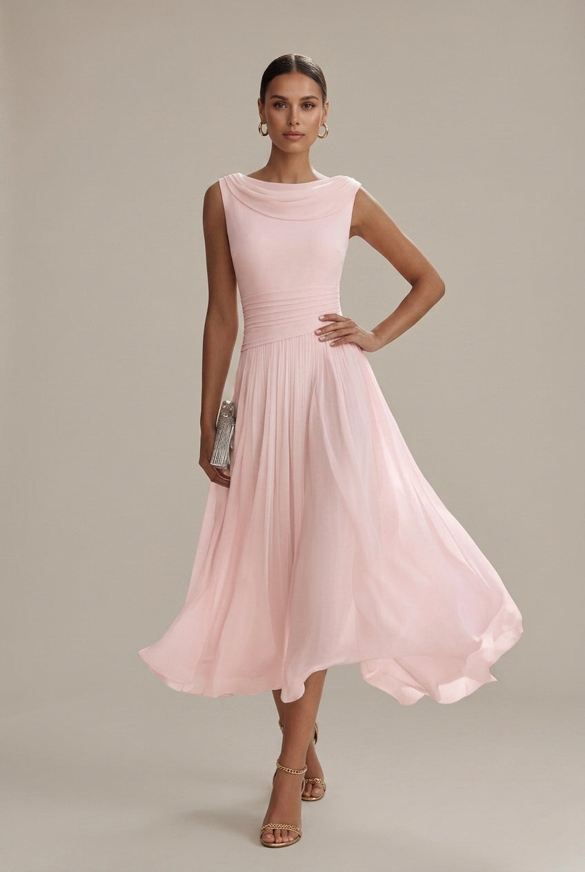 draped sleeveless midi dress Women's Sleeveless Draped Neckline Pleated Midi Dress, Pink / 3XL