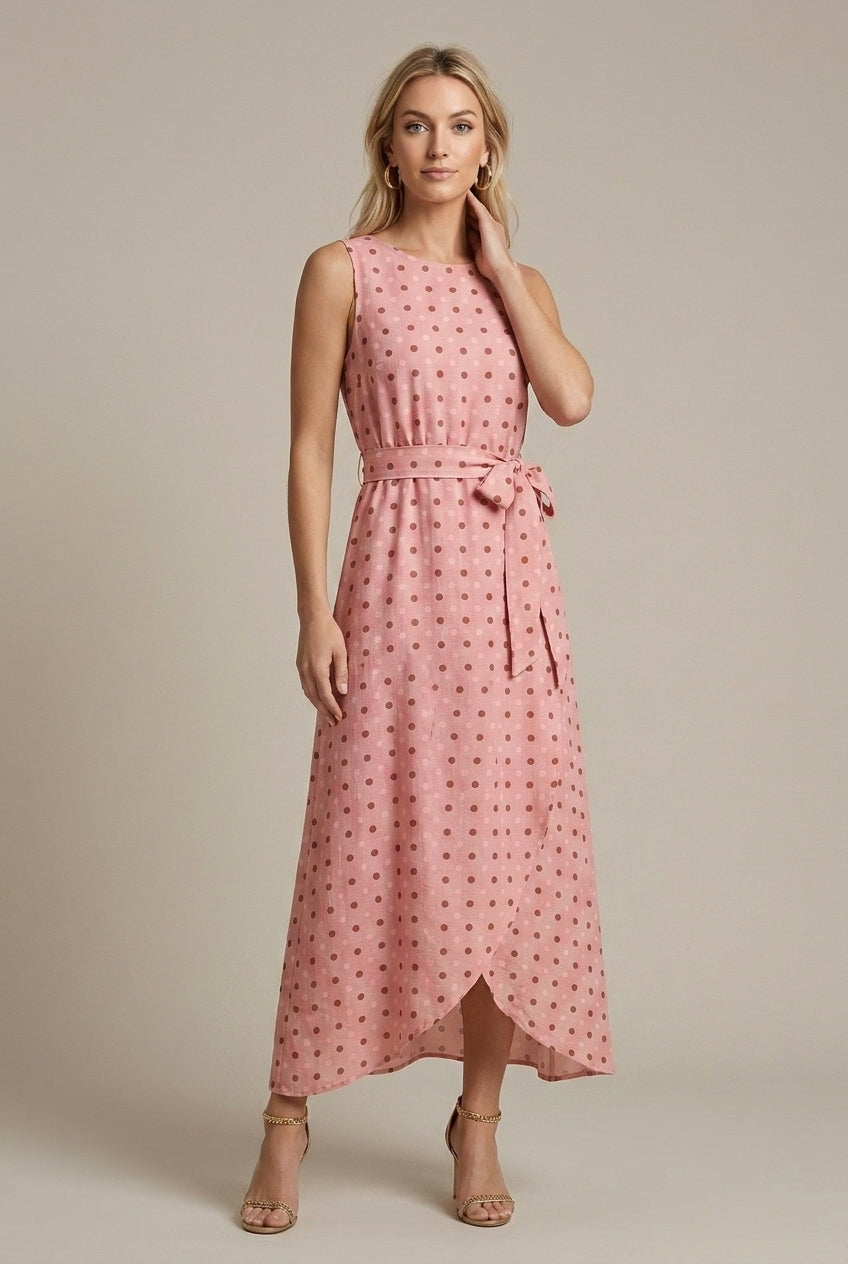 Women's Polka Dot Midi Dress Sleeveless Belted