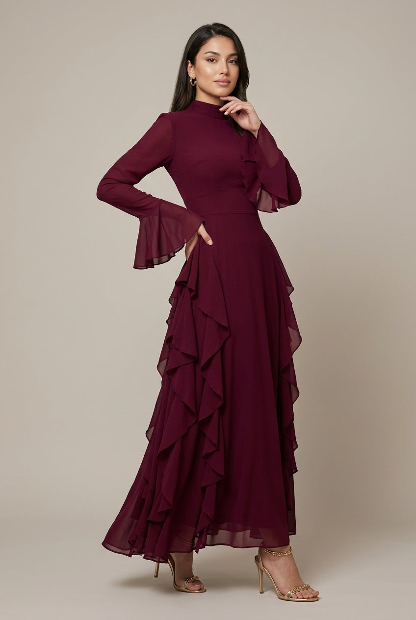 Women's High Neck Long Sleeve Ruffle Smock Maxi Dress