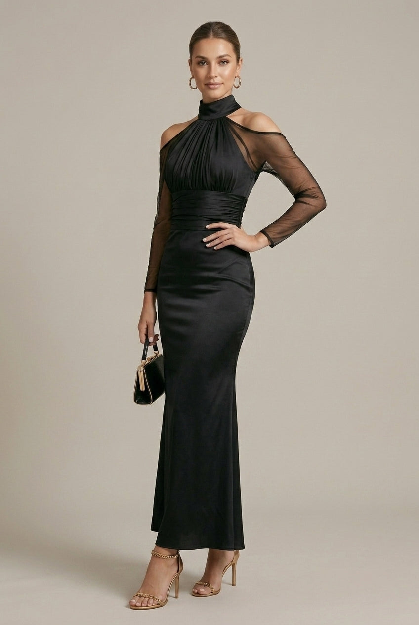 Women's Formal Maxi Dress - High Neck Cold Shoulder Sheer Mesh Long Sleeve Ruched Mermaid Silhouette