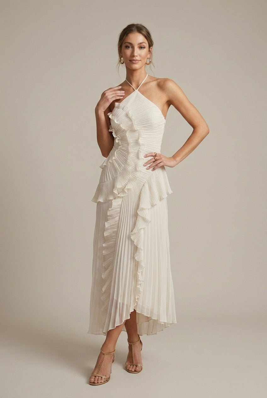 Women's Halter Ruffle Pleated Maxi Dress - Cross Back Straps