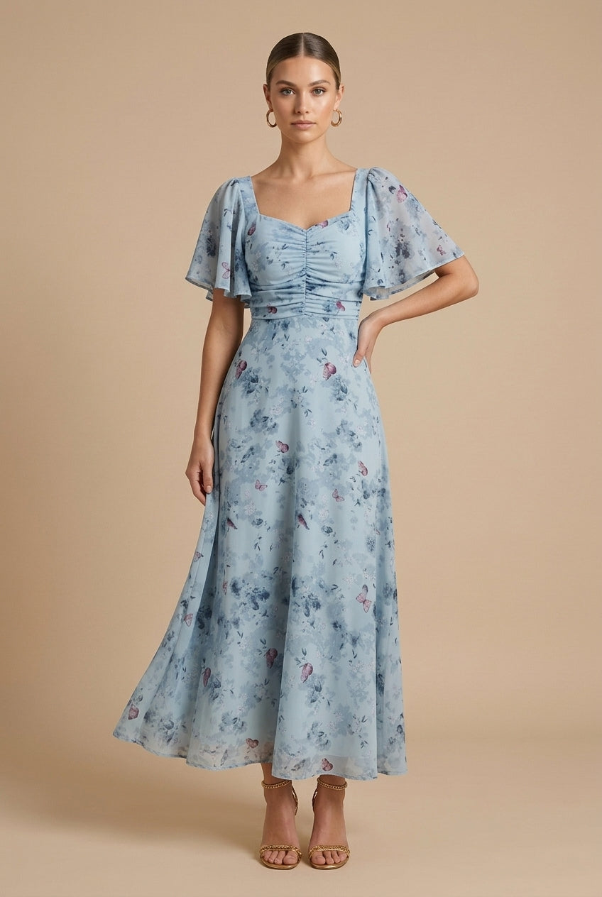 Women's Floral Maxi Dress with Square Neck - Flutter Sleeves and Ruched Bodice