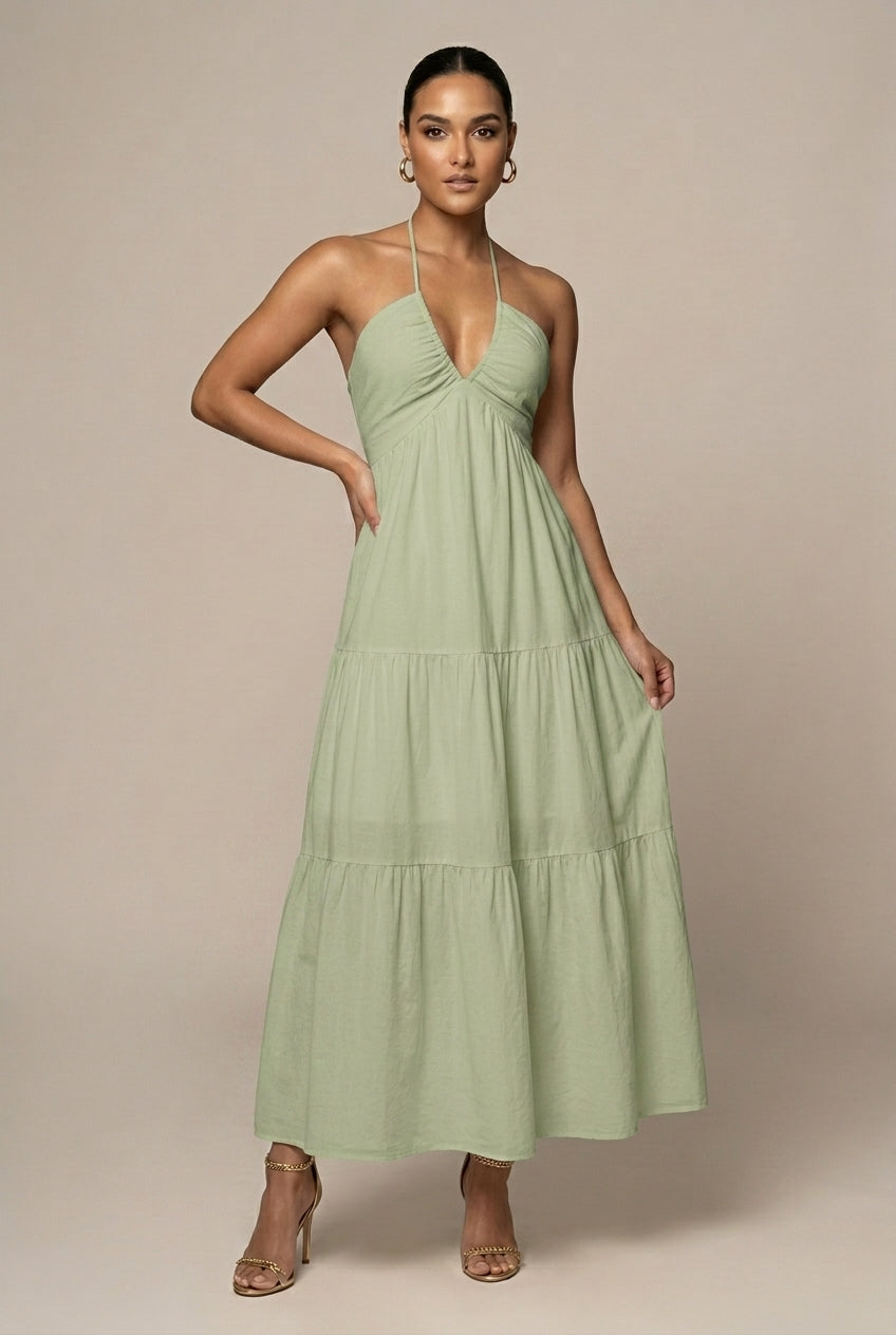 Women's Halter Neck Maxi Dress - Flowy Tiered Skirt with Bow Back