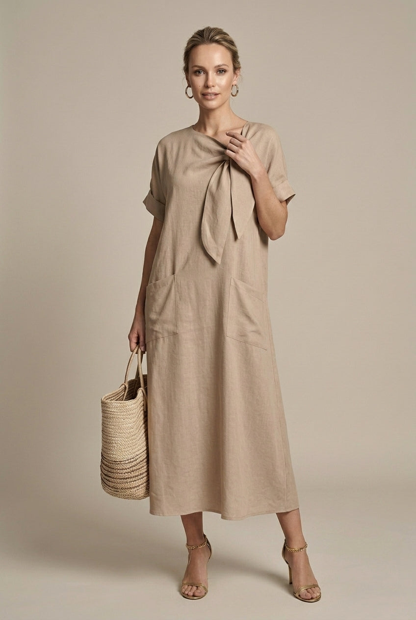 Women's Linen Maxi Dress Tie Front