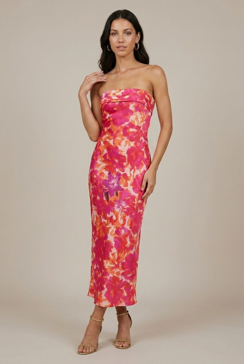Women's Satin Strapless Maxi Dress Open Back