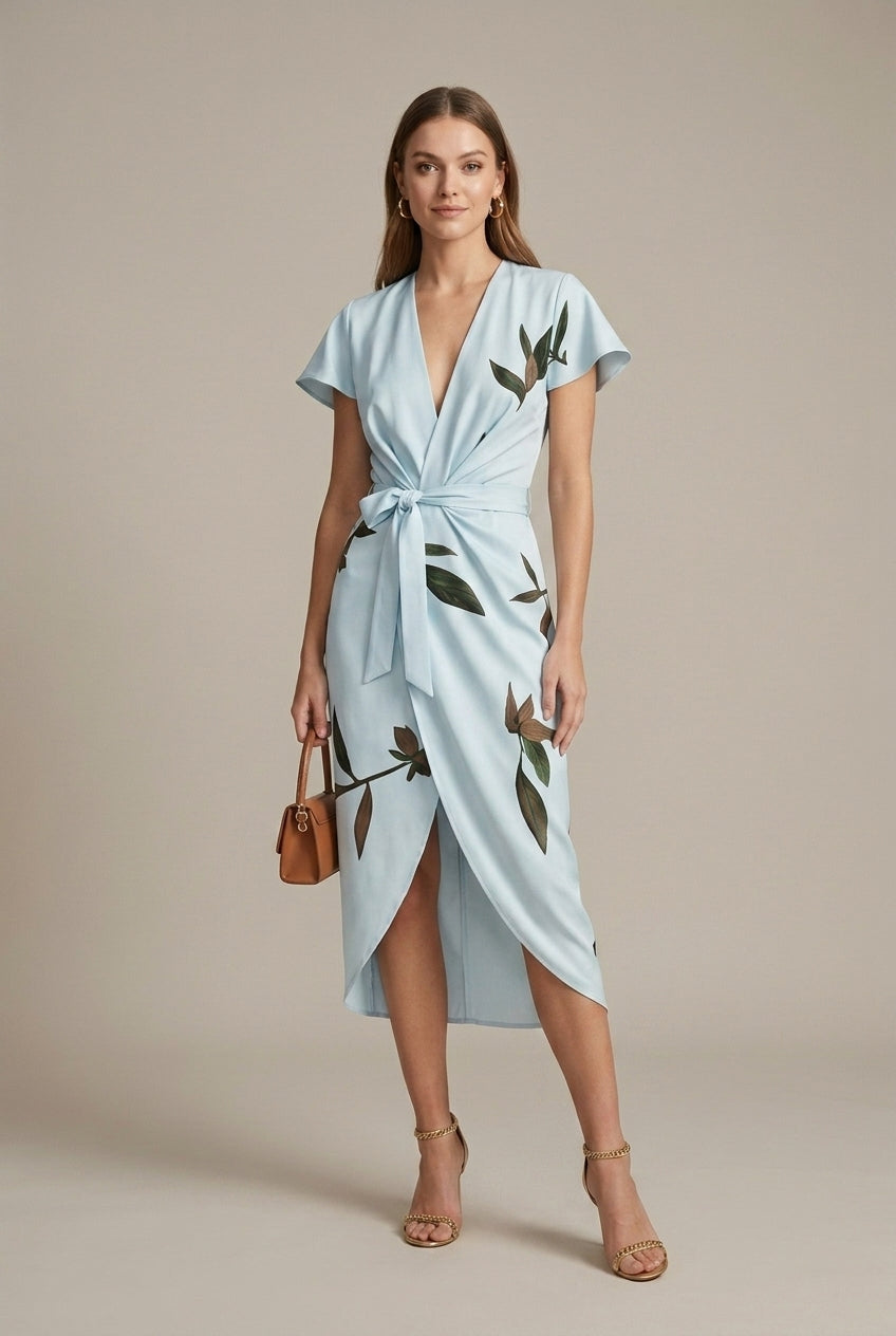 Women's Botanical Wrap Midi Dress V-Neck Tie Waist