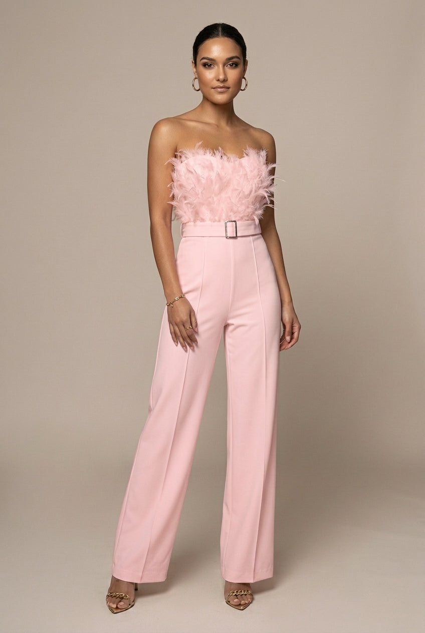 Women's Strapless Feather Detail Belted Wide Leg Jumpsuit