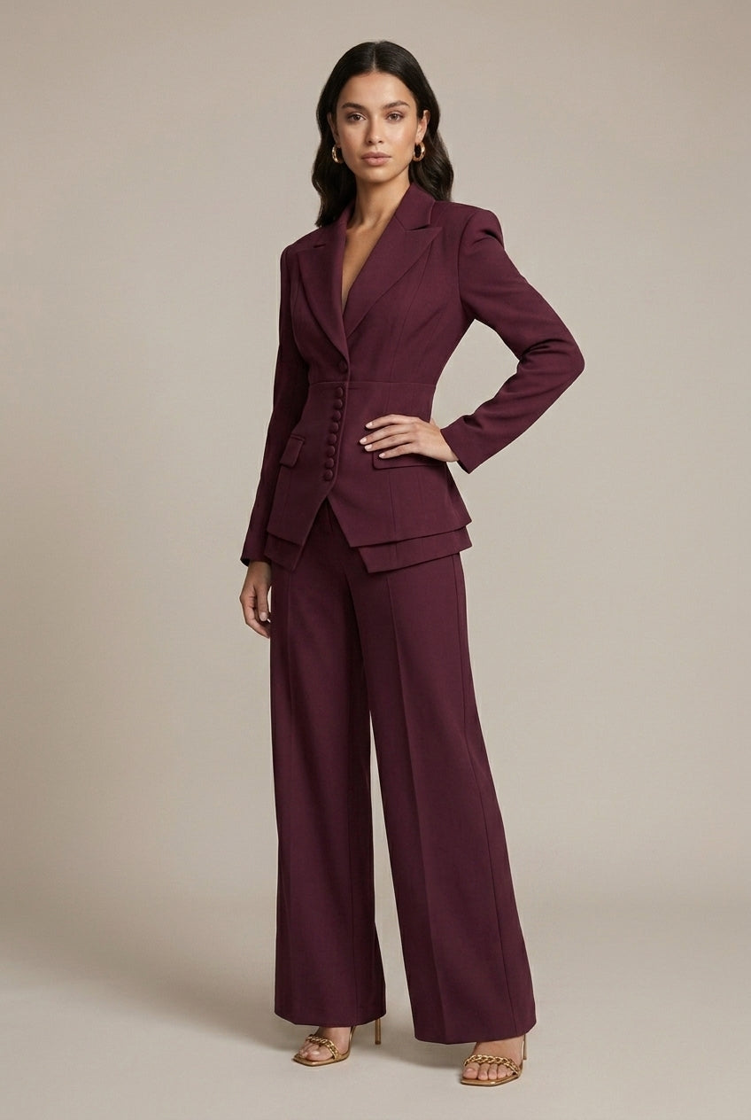 Women's Notched Lapel Blazer Wide Leg Pant Suits Set - Side Button