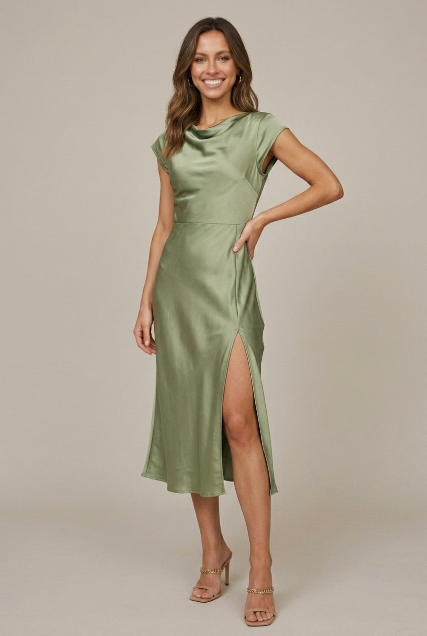 Women's Twist Back Midi Dress - Cap Sleeve - Boat Neckline - Side Slit